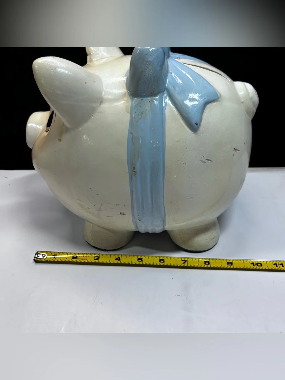 Vtg Ceramic Pottery Pig Piggy Bank  1940s 50s Large Blue Bow Grandma Country